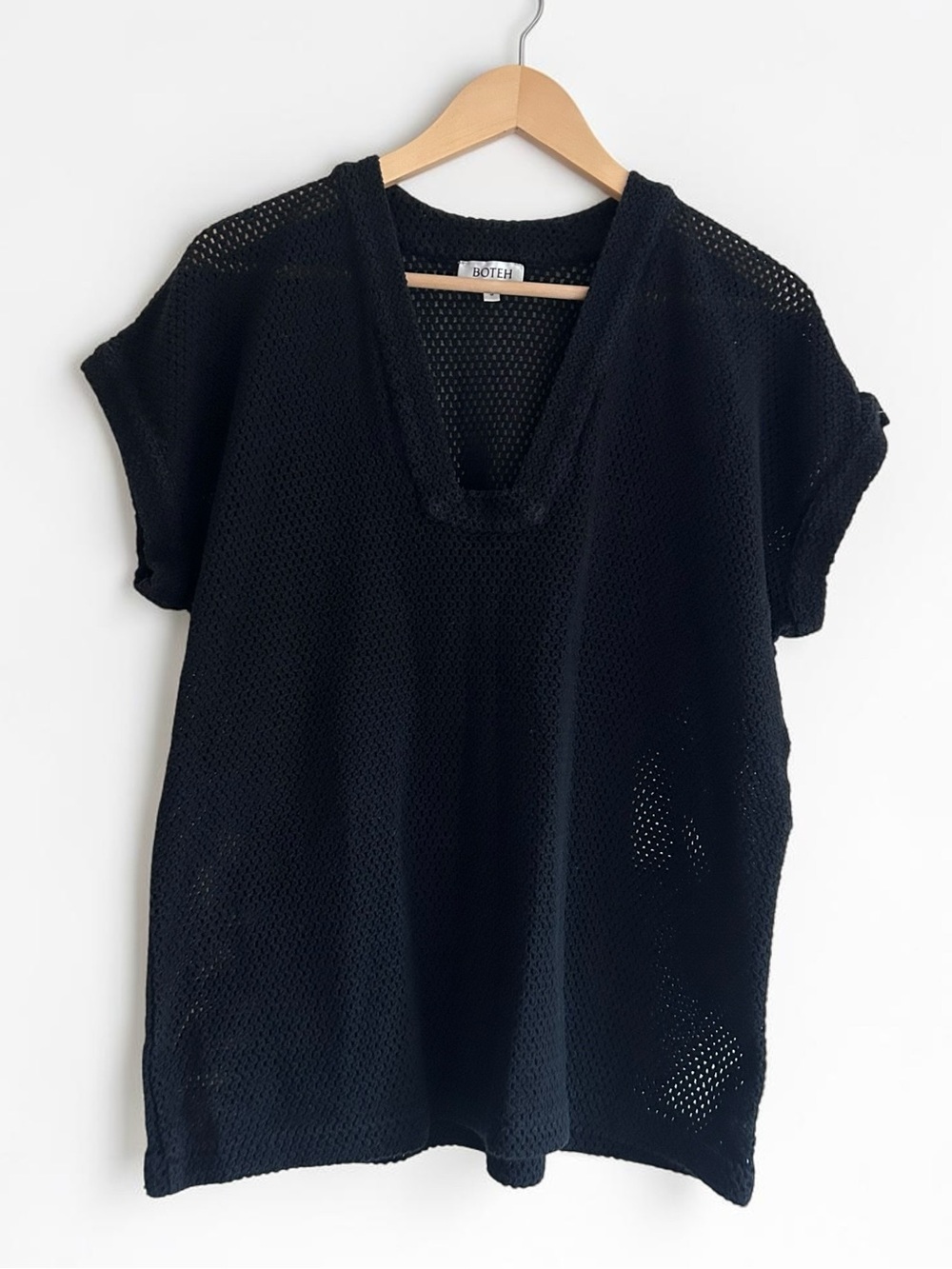BOTEH Black Cotton Mesh Net Coverup V-Neck Top Sz Small Swim Beach